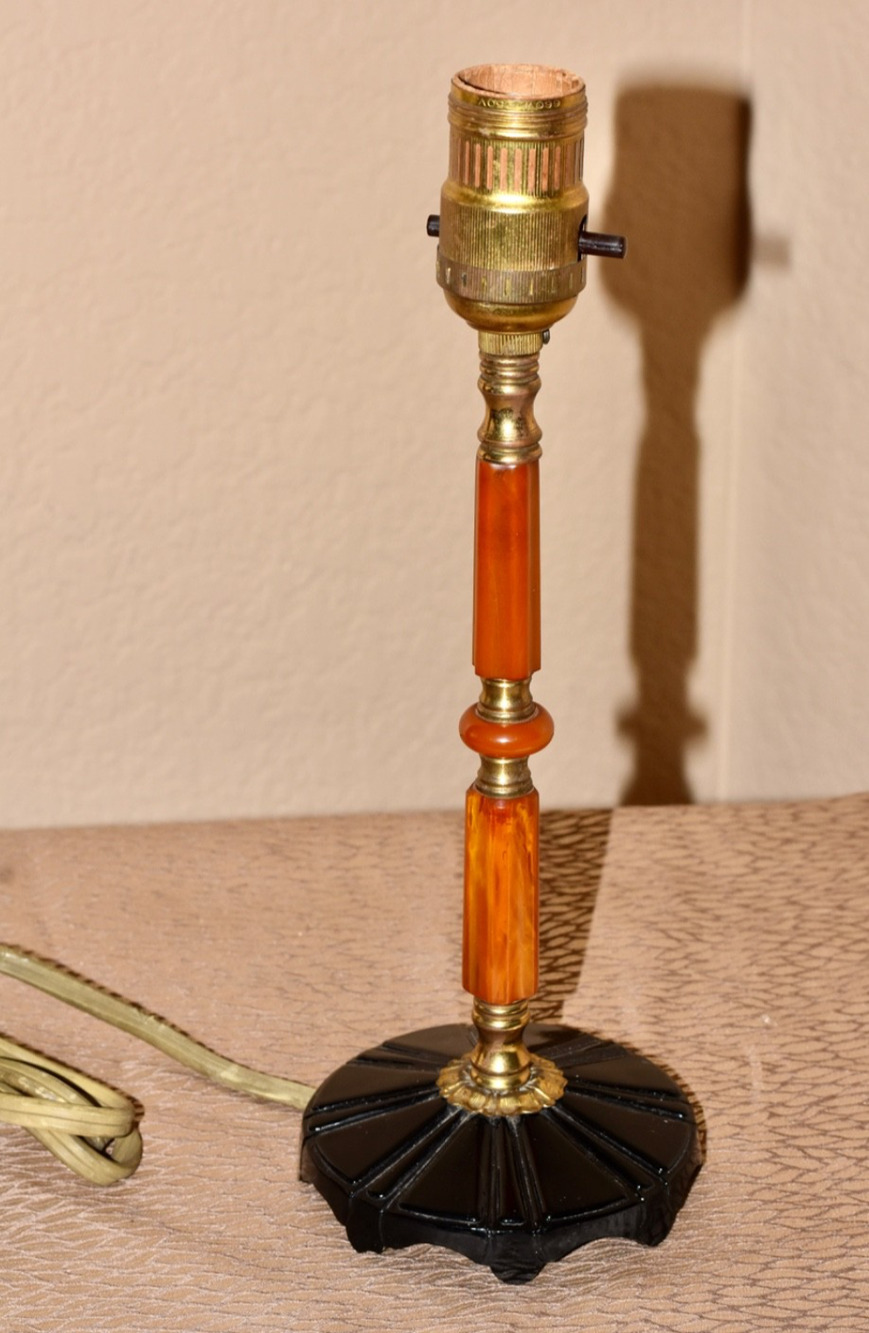 Alpine Art Deco Black Glass Butterscotch Bakelite and Brass Catalin Desk Lamp